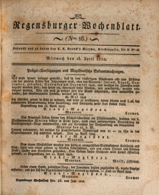 Regensburger Wochenblatt Mittwoch 16. April 1828