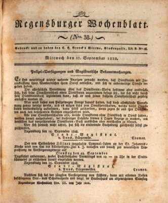 Regensburger Wochenblatt Mittwoch 17. September 1828