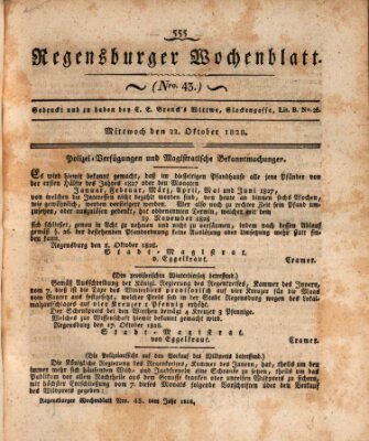 Regensburger Wochenblatt Mittwoch 22. Oktober 1828