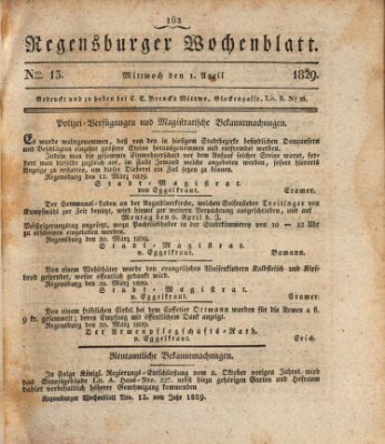 Regensburger Wochenblatt Mittwoch 1. April 1829