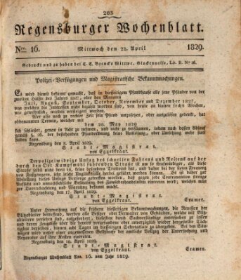 Regensburger Wochenblatt Mittwoch 22. April 1829