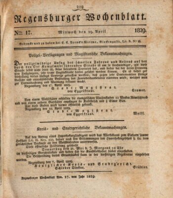 Regensburger Wochenblatt Mittwoch 29. April 1829