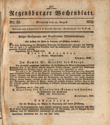 Regensburger Wochenblatt Mittwoch 12. August 1829