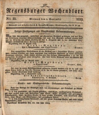 Regensburger Wochenblatt Mittwoch 2. September 1829