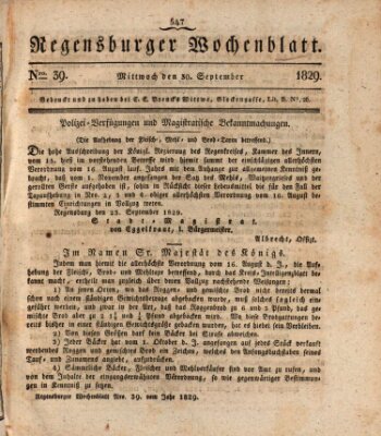 Regensburger Wochenblatt Mittwoch 30. September 1829