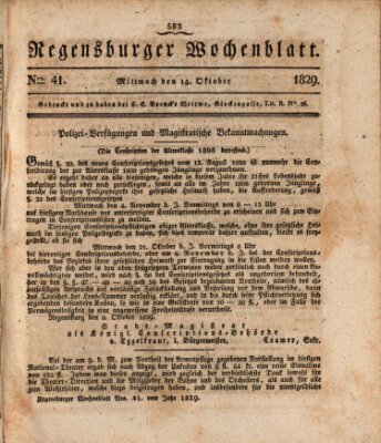 Regensburger Wochenblatt Mittwoch 14. Oktober 1829