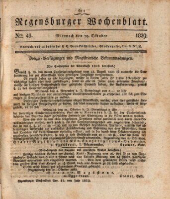 Regensburger Wochenblatt Mittwoch 28. Oktober 1829