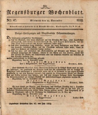 Regensburger Wochenblatt Mittwoch 25. November 1829