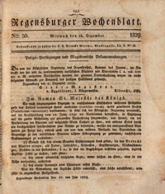 Regensburger Wochenblatt Mittwoch 16. Dezember 1829