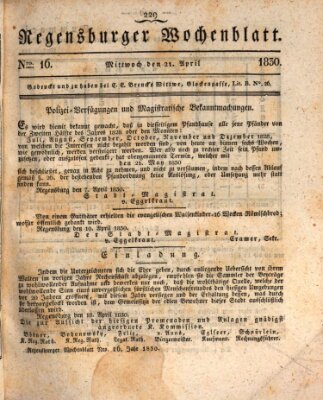 Regensburger Wochenblatt Mittwoch 21. April 1830