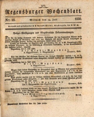 Regensburger Wochenblatt Mittwoch 14. Juli 1830