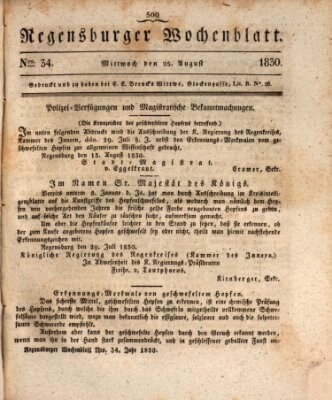 Regensburger Wochenblatt Mittwoch 25. August 1830