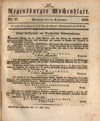 Regensburger Wochenblatt Mittwoch 15. September 1830