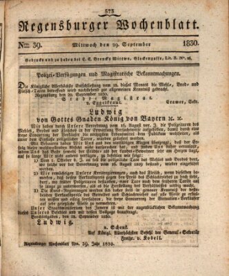 Regensburger Wochenblatt Mittwoch 29. September 1830