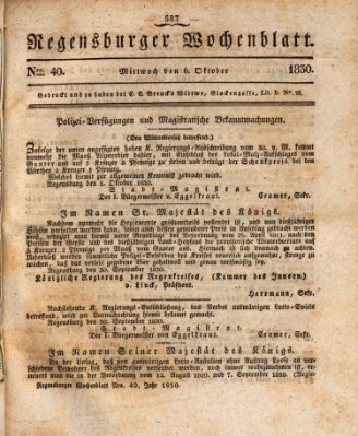 Regensburger Wochenblatt Mittwoch 6. Oktober 1830