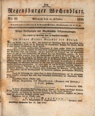 Regensburger Wochenblatt Mittwoch 27. Oktober 1830