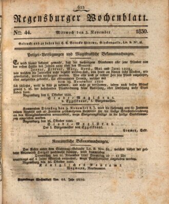 Regensburger Wochenblatt Mittwoch 3. November 1830