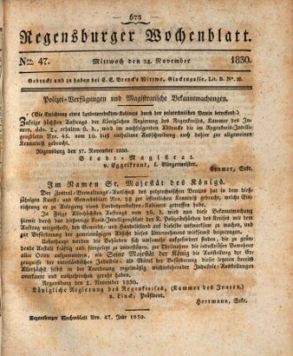 Regensburger Wochenblatt Mittwoch 24. November 1830