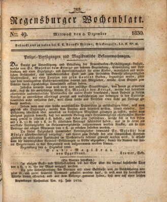 Regensburger Wochenblatt Mittwoch 8. Dezember 1830