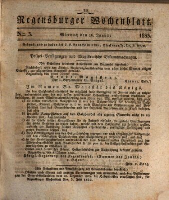 Regensburger Wochenblatt Mittwoch 16. Januar 1833