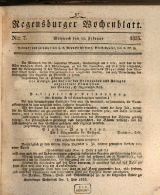 Regensburger Wochenblatt Mittwoch 13. Februar 1833