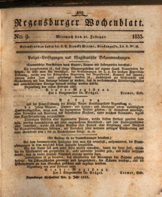 Regensburger Wochenblatt Mittwoch 27. Februar 1833