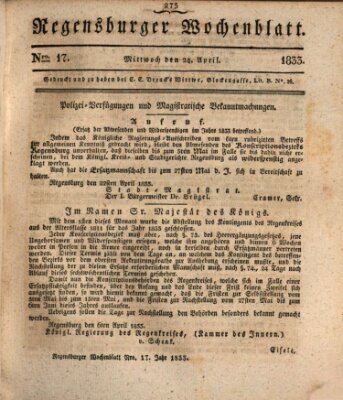 Regensburger Wochenblatt Mittwoch 24. April 1833