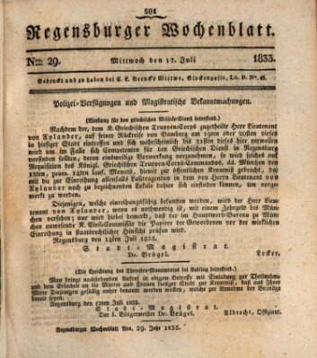 Regensburger Wochenblatt Mittwoch 17. Juli 1833