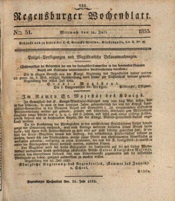 Regensburger Wochenblatt Mittwoch 31. Juli 1833