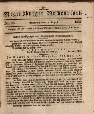 Regensburger Wochenblatt Mittwoch 14. August 1833