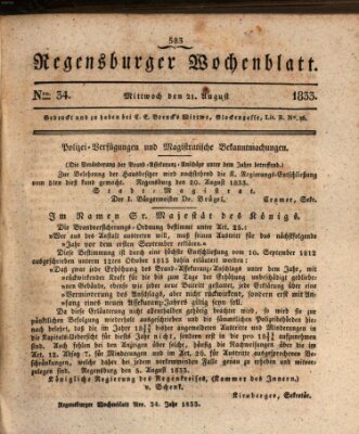 Regensburger Wochenblatt Mittwoch 21. August 1833