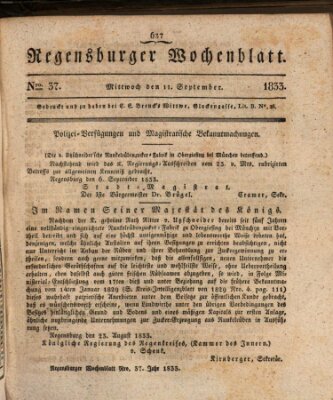 Regensburger Wochenblatt Mittwoch 11. September 1833