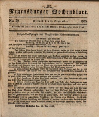 Regensburger Wochenblatt Mittwoch 25. September 1833