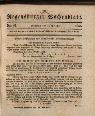 Regensburger Wochenblatt Mittwoch 16. Oktober 1833