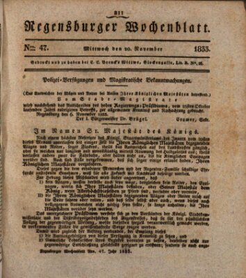 Regensburger Wochenblatt Mittwoch 20. November 1833