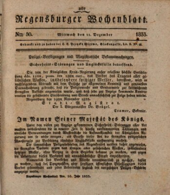 Regensburger Wochenblatt Mittwoch 11. Dezember 1833