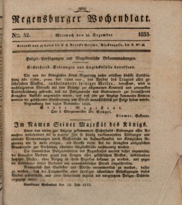 Regensburger Wochenblatt Mittwoch 25. Dezember 1833