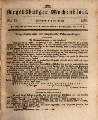 Regensburger Wochenblatt Mittwoch 30. April 1834