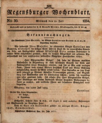 Regensburger Wochenblatt Mittwoch 23. Juli 1834