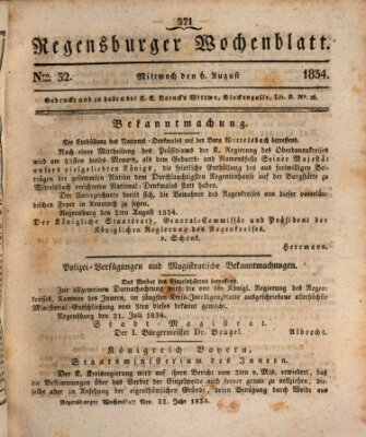 Regensburger Wochenblatt Mittwoch 6. August 1834