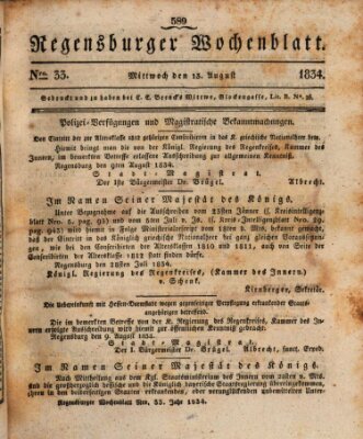 Regensburger Wochenblatt Mittwoch 13. August 1834