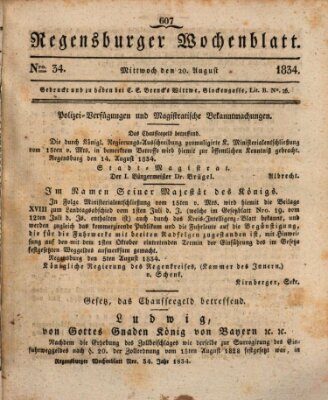 Regensburger Wochenblatt Mittwoch 20. August 1834