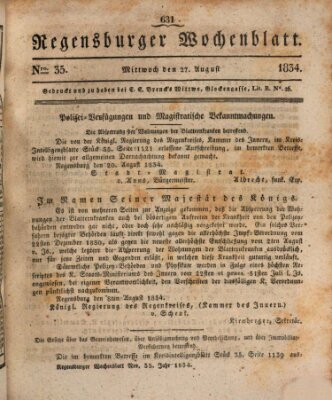 Regensburger Wochenblatt Mittwoch 27. August 1834