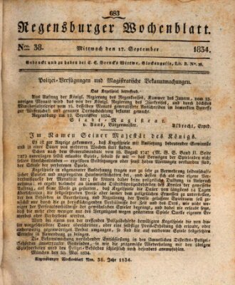 Regensburger Wochenblatt Mittwoch 17. September 1834