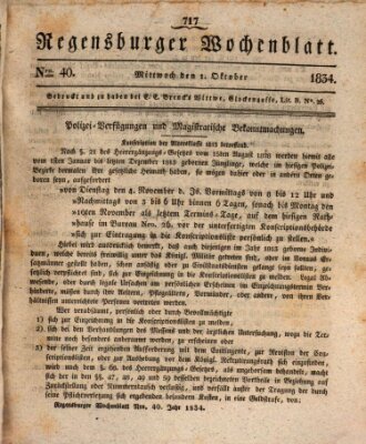 Regensburger Wochenblatt Mittwoch 1. Oktober 1834