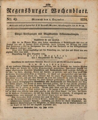 Regensburger Wochenblatt Mittwoch 3. Dezember 1834