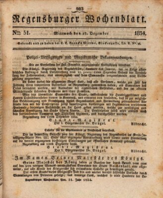 Regensburger Wochenblatt Mittwoch 17. Dezember 1834