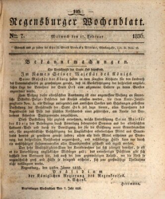 Regensburger Wochenblatt Mittwoch 17. Februar 1836