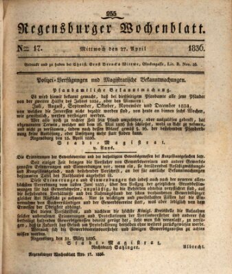 Regensburger Wochenblatt Mittwoch 27. April 1836