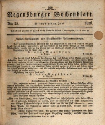 Regensburger Wochenblatt Mittwoch 22. Juni 1836